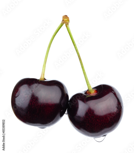 Two ripe dark red sweet cherries on a peduncle.
