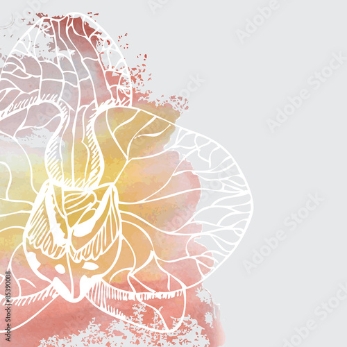 card , poster with orchid on watercolor background 0