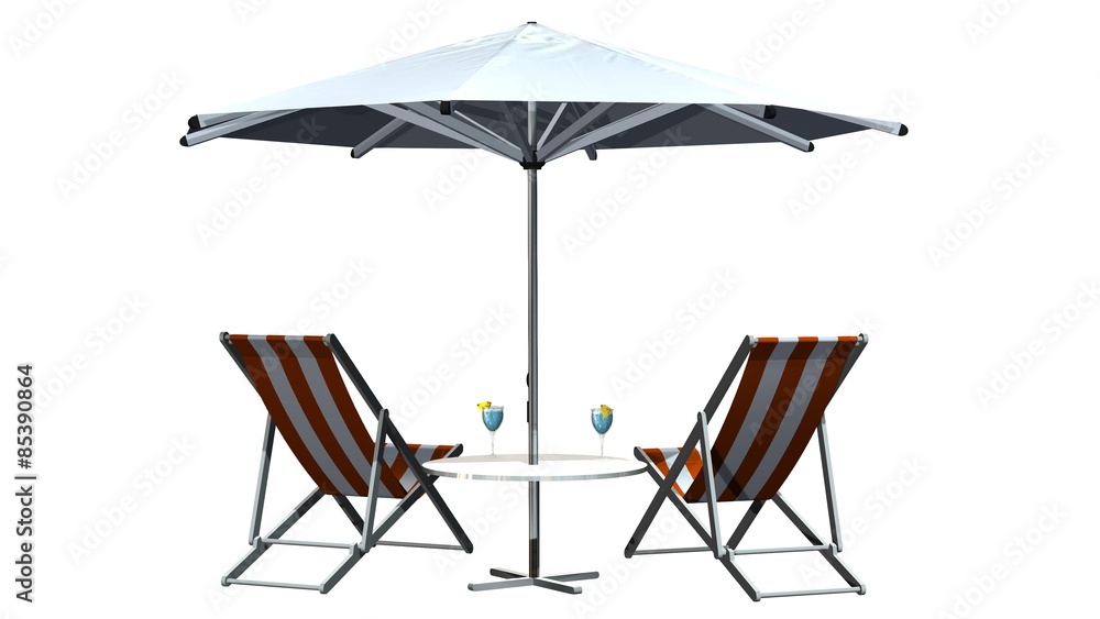 Deck chairs and umbrella isolated on white background Deck chairs and umbrella isolated on white background