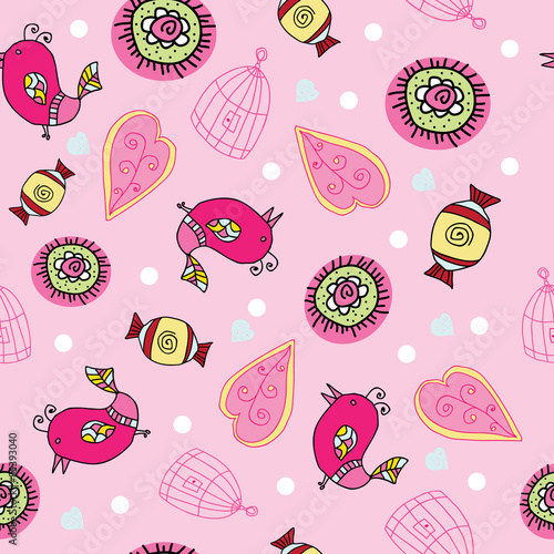 seamless pattern with birds , hearts , candy. 2