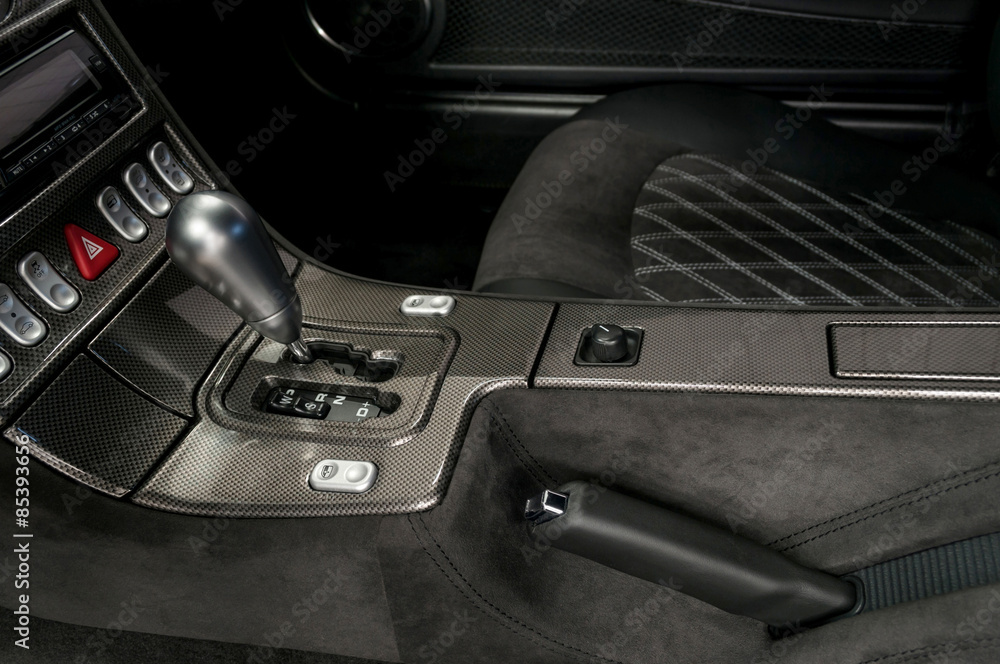 Modern car automatic transmission. Interior detail.