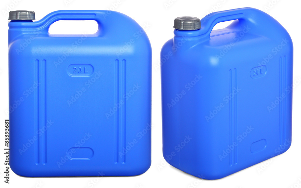 Set blue plastic canister isolated on white Set blue plastic canister isolated on white