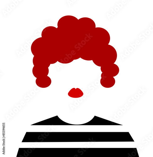 woman with red Afro hair and lipstick wearing prison stripes