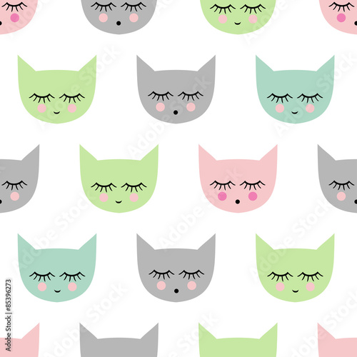 Seamless pattern with smiling sleeping cats for kids holidays. Cute bright baby shower vector background. Child drawing style kitty.