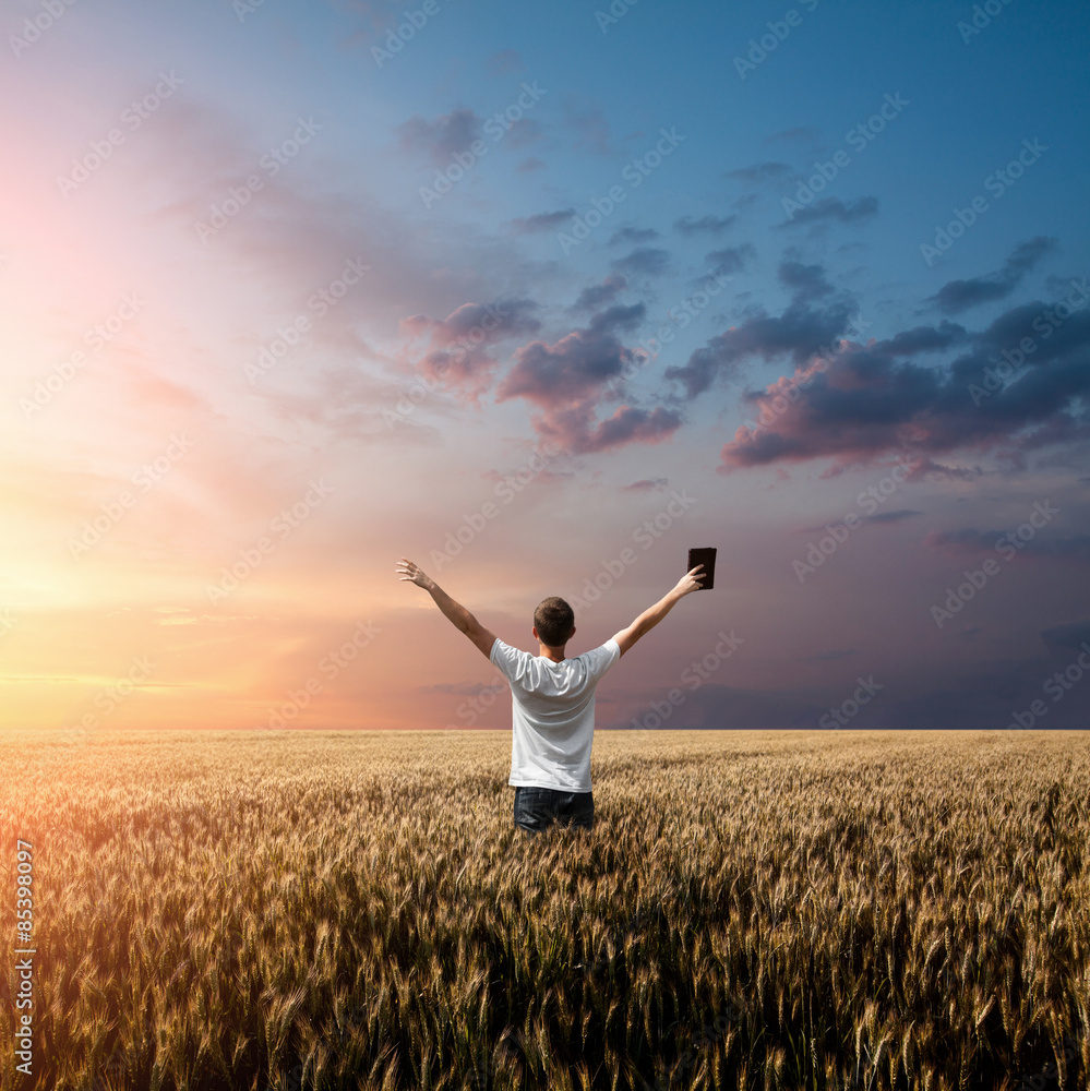 man holding up Bible in a wheat field - obrazy, fototapety, plakaty 