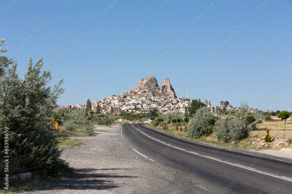 view of Uchisar castle in Cappadocia , Turkey