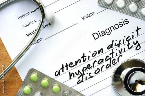 Diagnosis Attention deficit hyperactivity disorder and tablets. Medicine concept.