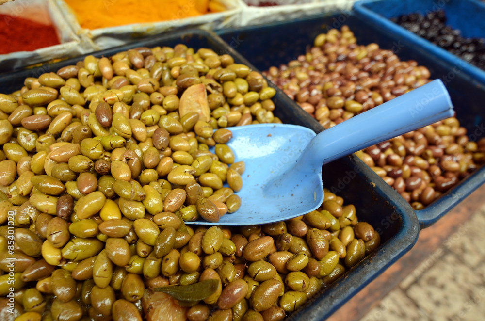 Olives on dispaly in Middle eastern food market