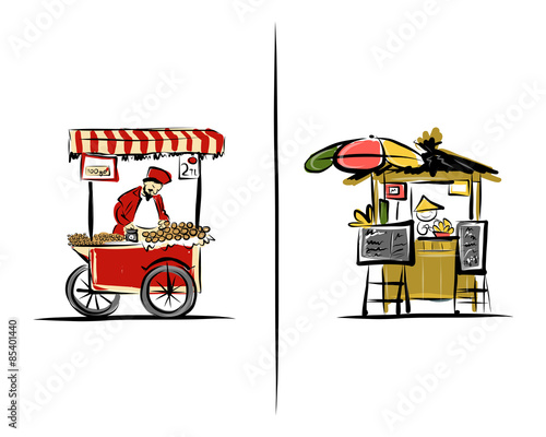 Street sellers, sketch for your design. Illustration about