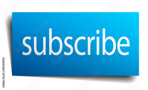 subscribe blue square paper realistic sign on white background