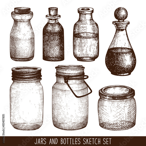 Vector collection of ink hand drawn mason jars and bottles. Vintage decorative glass canning jars isolated on white.