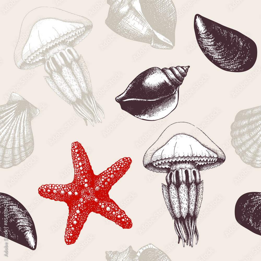 Obraz premium Vector seamless pattern with hand drawn sea shells, sea star and jellyfish sketch 