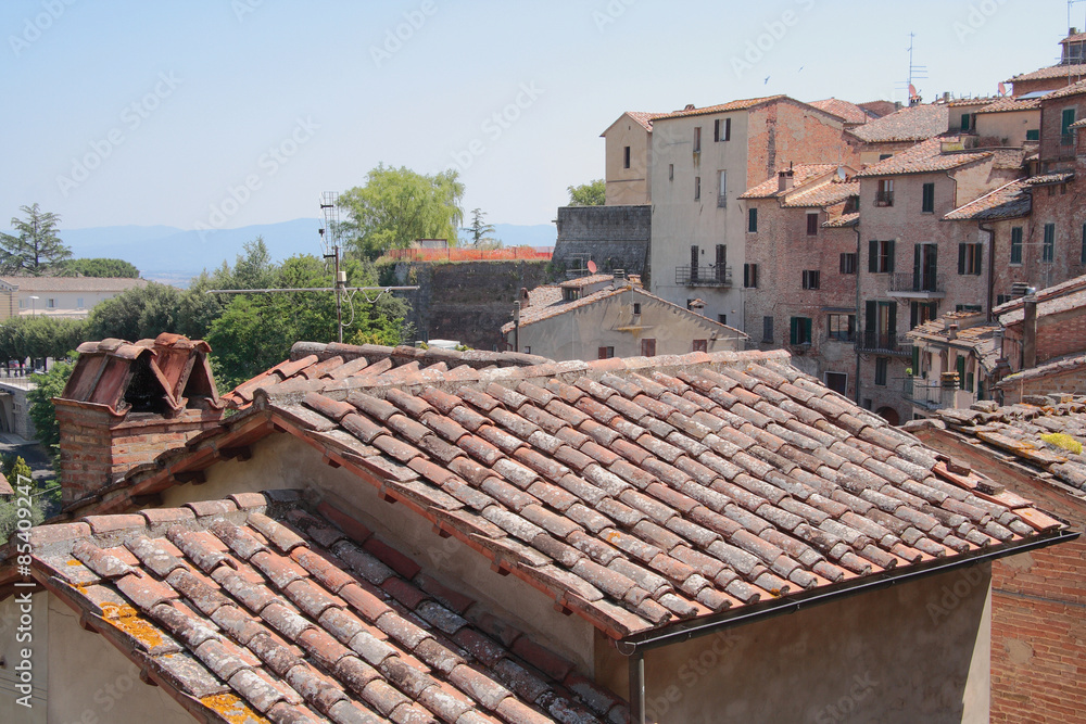 Tile roofs and city. Montepulchano, Italy