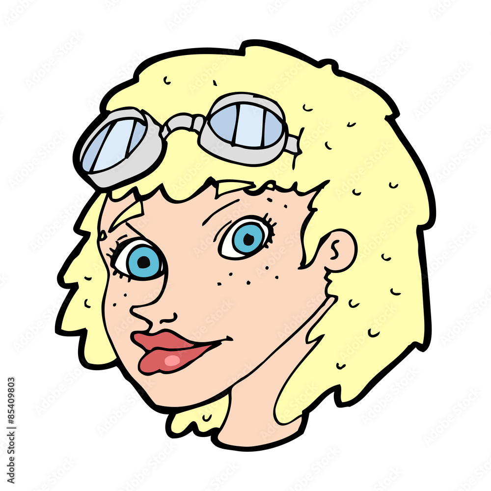 cartoon happy woman wearing aviator goggles