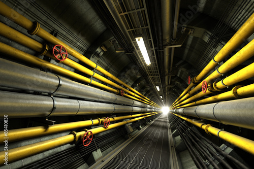 3D rendered industrial service tunnel with pipelines and valves photo