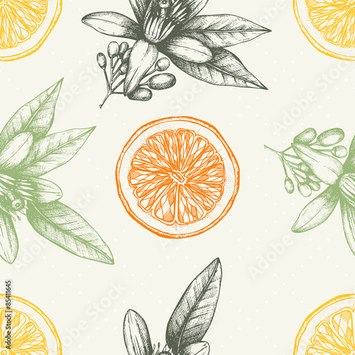 Citrus seamless pattern with orange fruits and flowers. Vector background