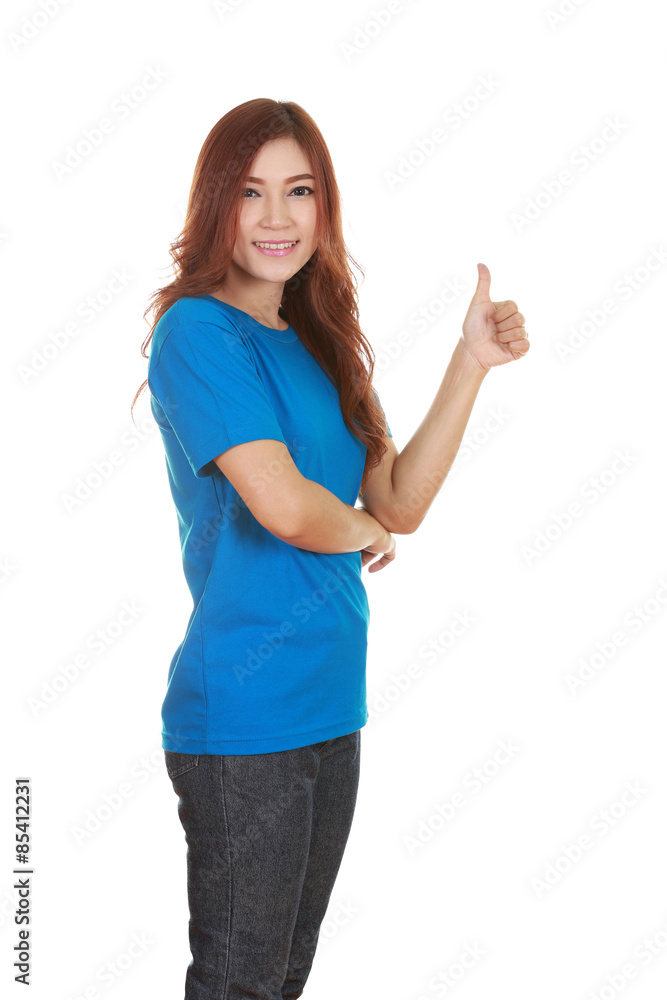 woman in blank t-shirt with thumbs up woman in blank t-shirt with thumbs up