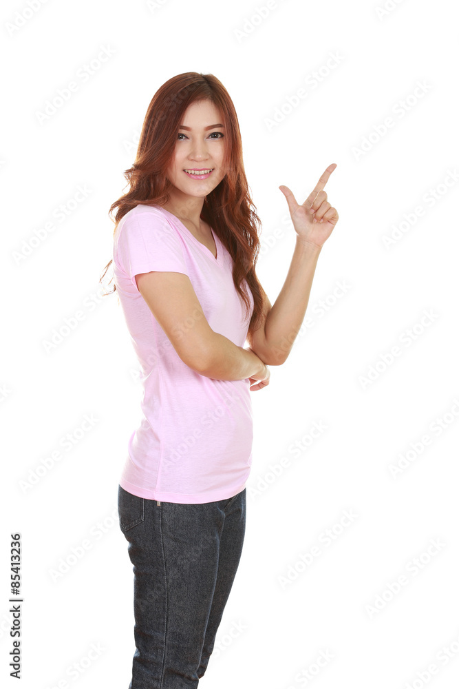 Woman think of idea with t-shirt Woman think of idea with t-shirt
