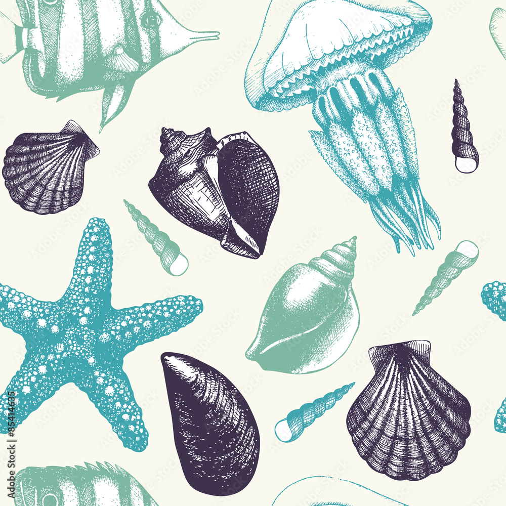 Vector seamless pattern with hand drawn small fish, sea shells, sea star and jellyfish sketch. Vintage background with sea life illustrations