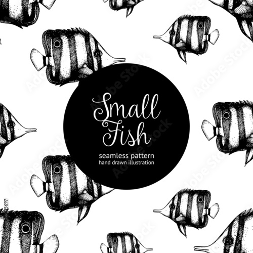 Vector seamless pattern with hand drawn small fish. Vintage background with sea life illustrations