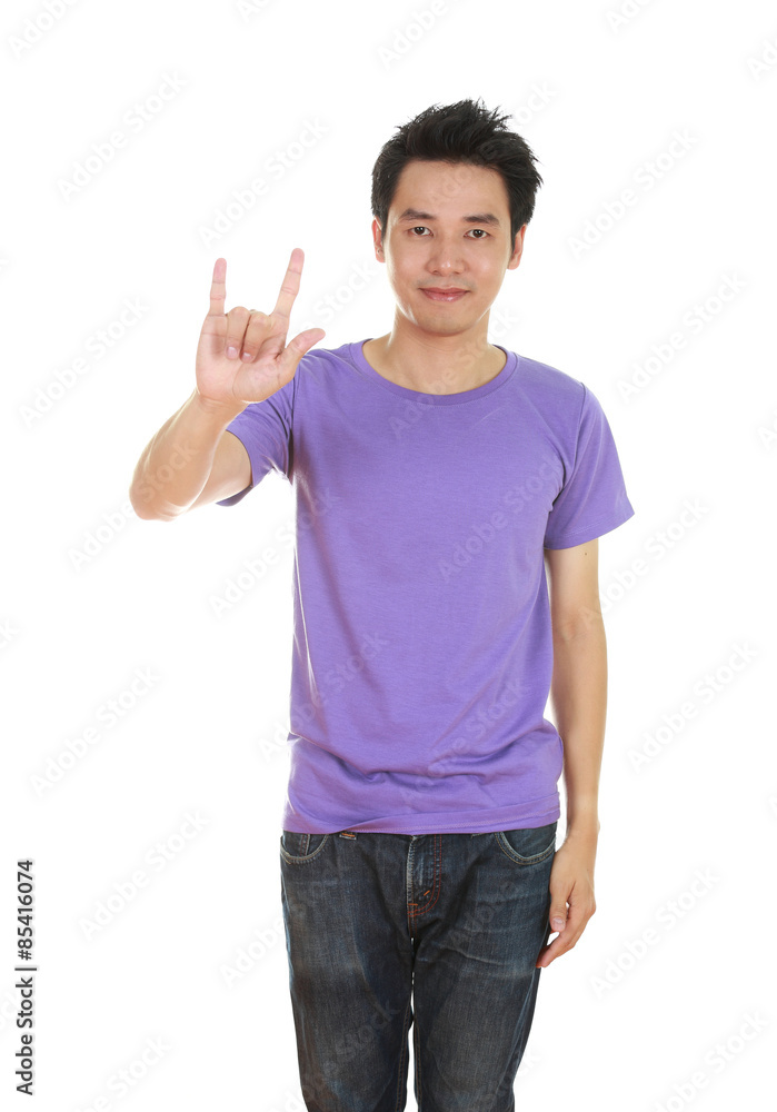 man in t-shirt with hand sign I love you man in t-shirt with hand sign I love you