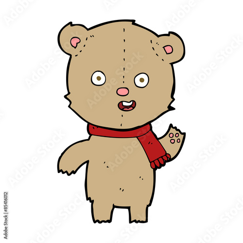 cartoon waving teddy bear with scarf