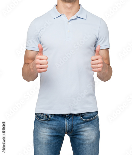 Close-up of the man's body in a blue polo thumbs up.