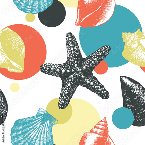 Vintage background with ink hand drawn sea shells. Seamless vector pattern