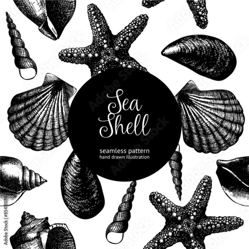 Vintage background with ink hand drawn sea shells. Seamless vector pattern