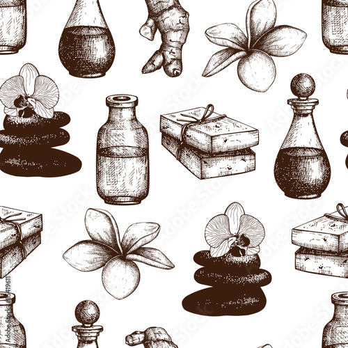 Seamless pattern with Ink hand drawn spa sketch isolated on white. Spa vintage vector background