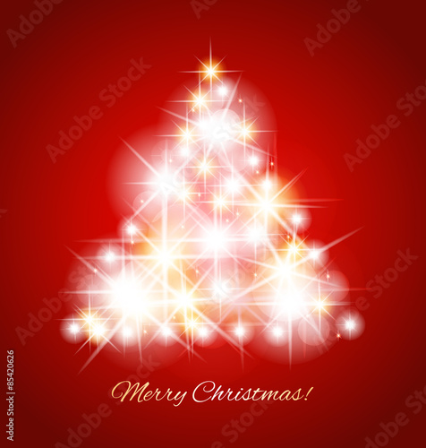 Merry Christmas vector card. Gleaming highlight fir tree on red
