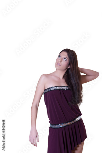 Greek female model in purple short dress © Domforstock