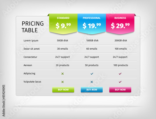 Vector colorful pricing table template for business.