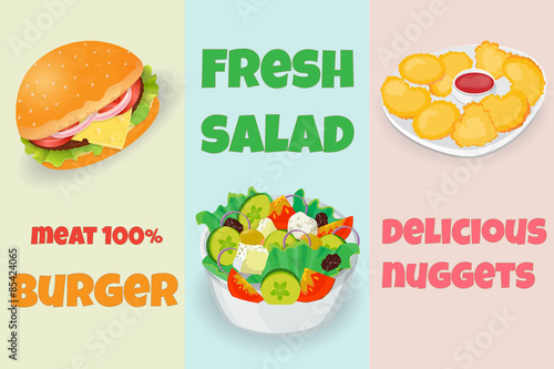 Burger, fresh salad and delicious nuggets photo