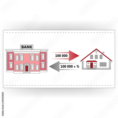 Vector illustration: Мortgage loan to buy a house. Returns mortgage loan with interest. Infographics: Mortgage loan as a cash flow. Buying real estate