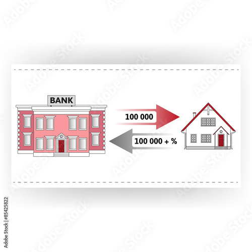 Vector illustration: Мortgage loan to buy a house. Returns mortgage loan with interest. Infographics: Mortgage loan as a cash flow. Buying real estate. 