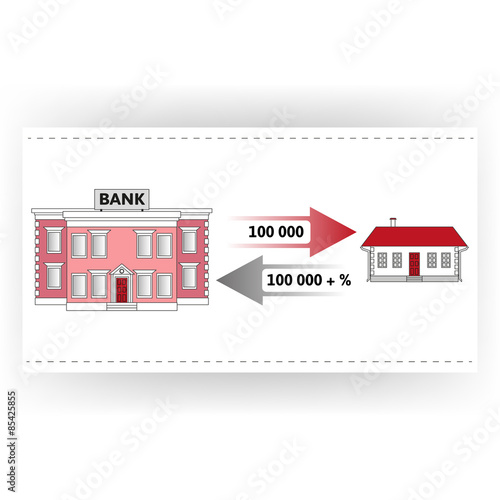 Vector illustration: Мortgage loan to buy a house. Returns mortgage loan with interest. Infographics: Mortgage loan as a cash flow. Buying real estate. 