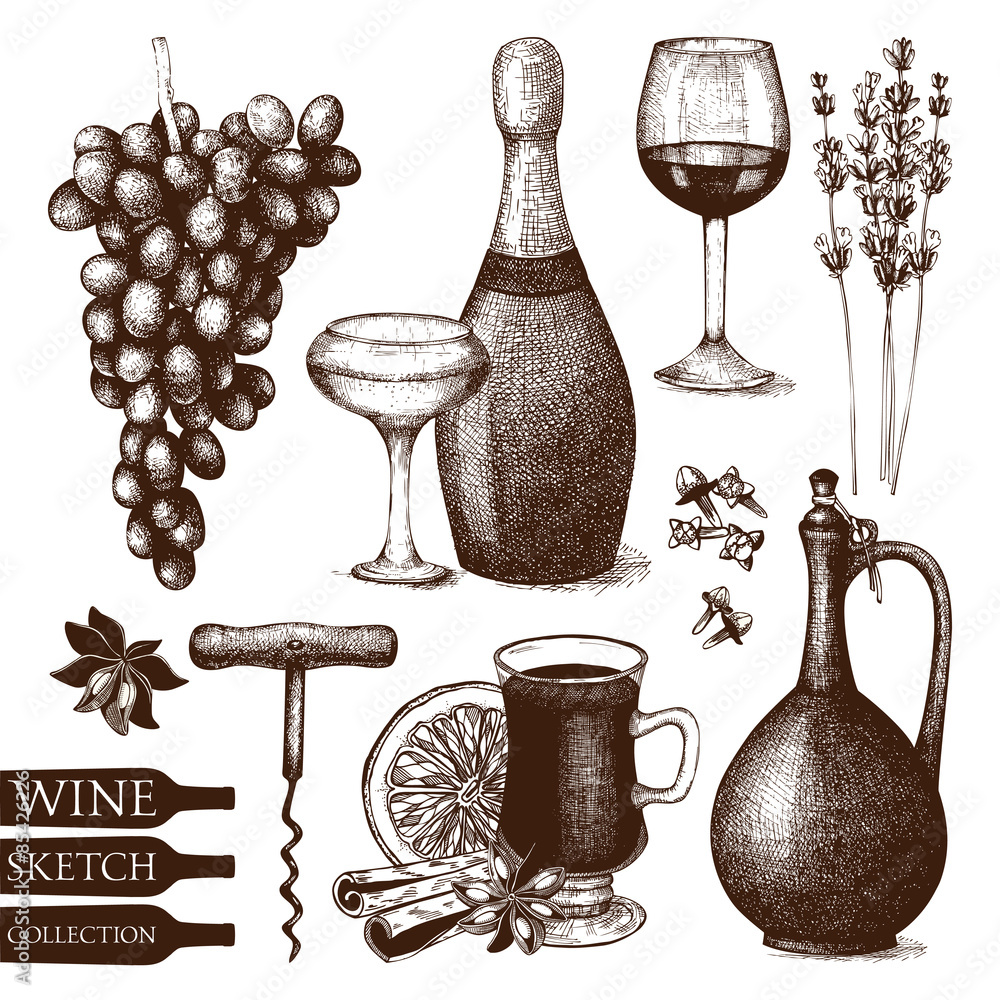 Vector set of ink hand drawn wine illustration for menu or restaurant ...