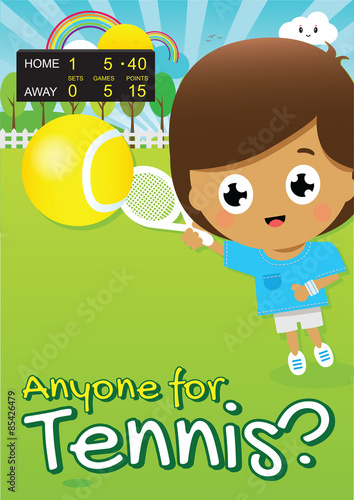 Boy Playing Tennis in Park with Score Board in Distance