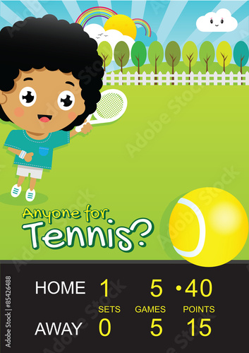 Boy Playing Tennis in Park with Score Board
