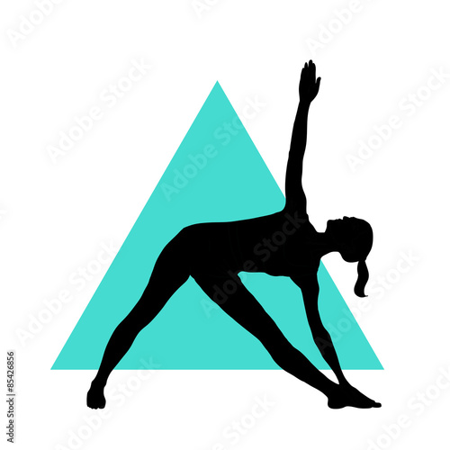 Girl in yoga pose on the triangle background. Vector yoga illustration. Woman makes exercises on an geometric background. Silhouette of girl in yoga asana.
