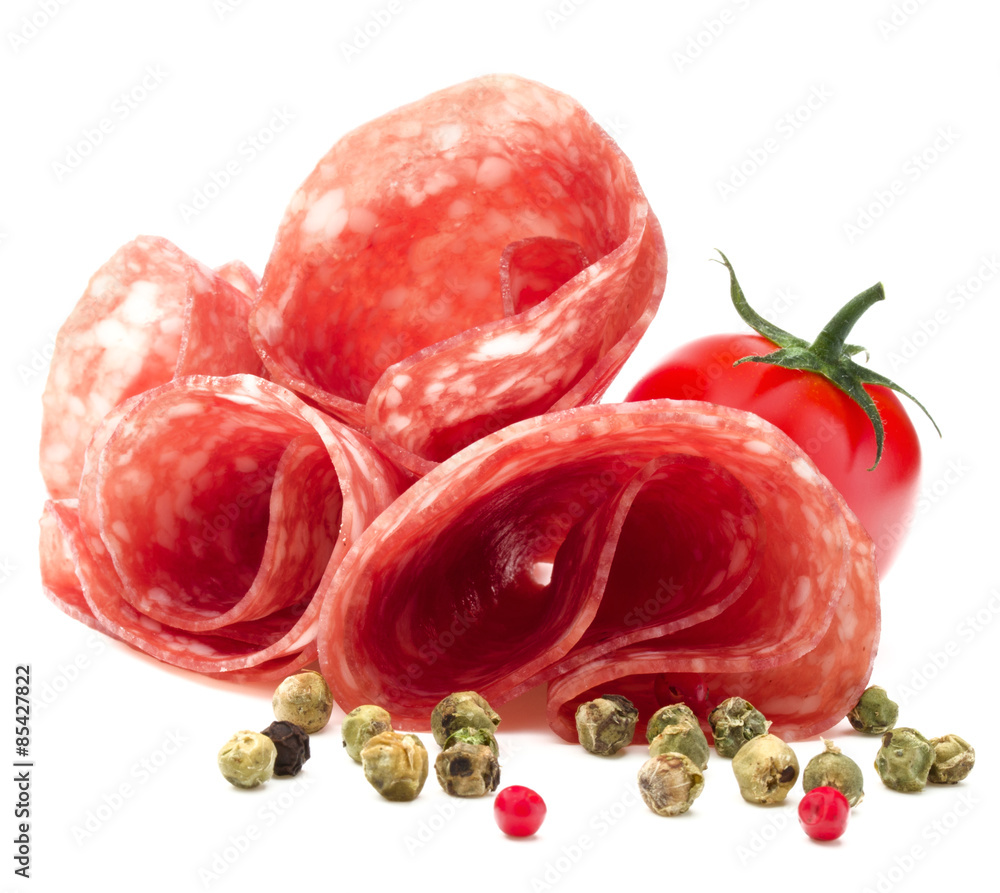 Obraz premium Salami sausage slices isolated on white background cutout