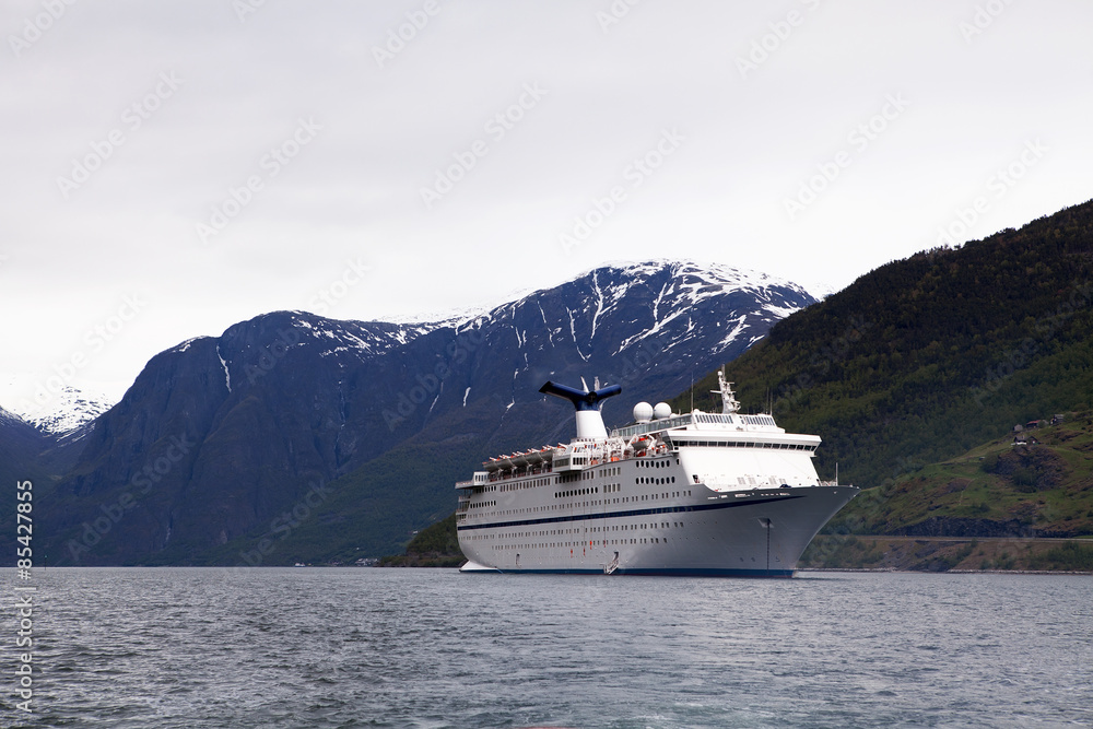 A Cruise Ship anchored at Flam on the Aurlandsfjord,