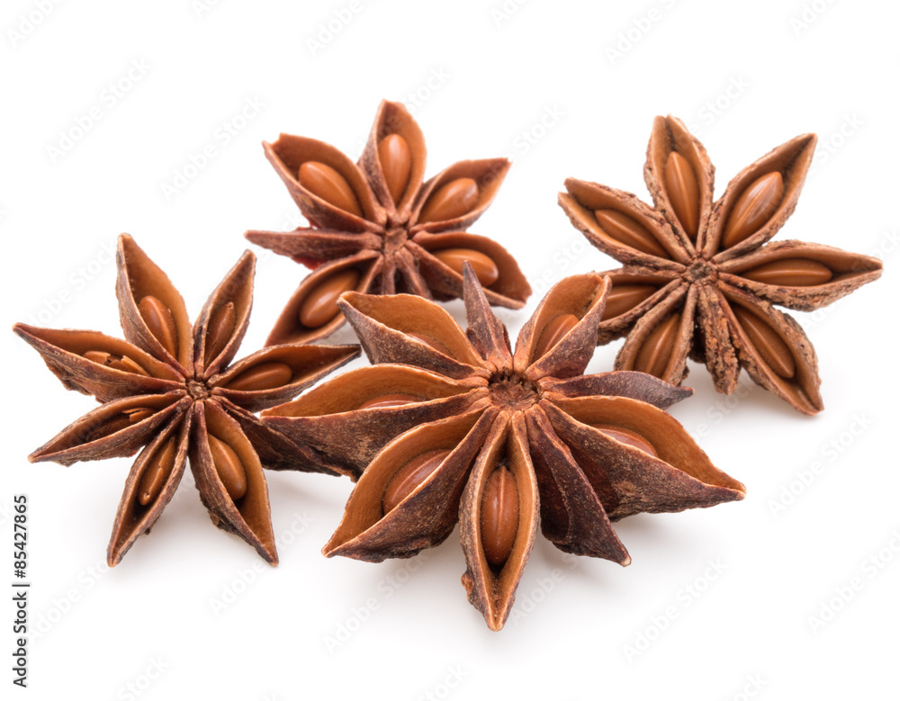 Star anise spice fruits and seeds isolated on white background c