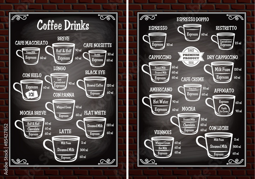 set of cups with different coffee drinks for restaurant menu