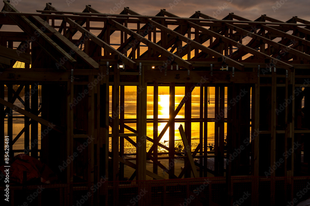 Timber house with sunset seaview