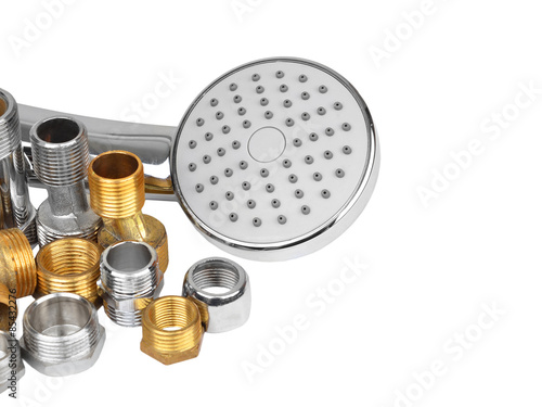 Plumbing fitting, hosepipe and showerhead, isolated on white background