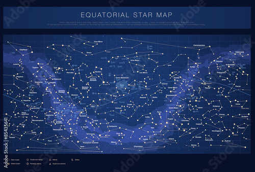 High detailed star map with names of stars, contellations and Messier objects, colored vector