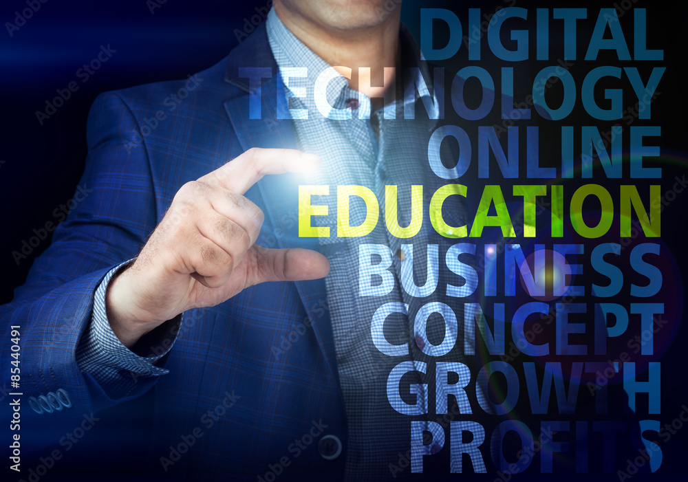 Obraz premium Businessman presses button education on virtual screens. Busine