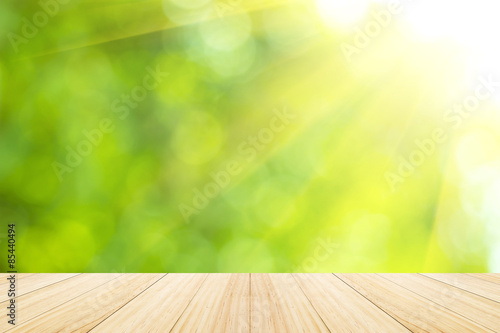 Natural bokeh background with wood terrace.
